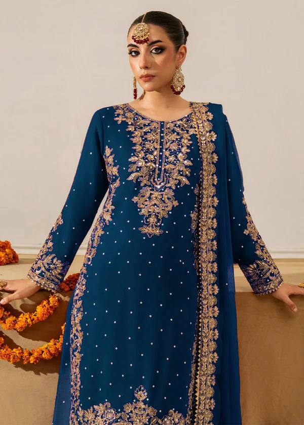 Prazu Fashion Royal Blue Georgette Sequence With Rivet Moti Palazzo Suit | Grocsy
