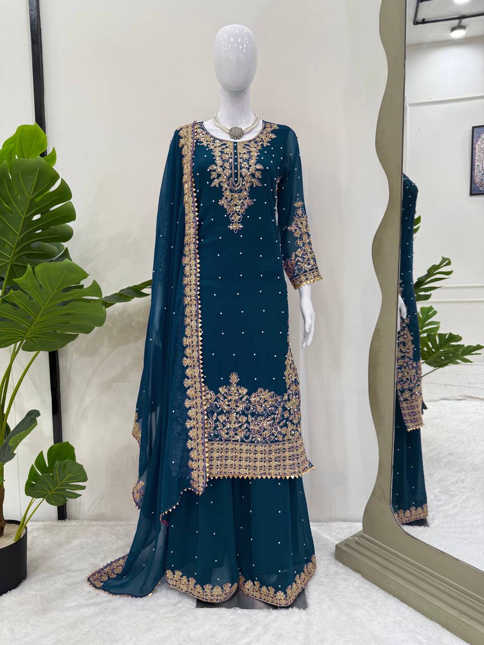 Prazu Fashion Royal Blue Georgette Sequence With Rivet Moti Palazzo Suit | Grocsy