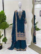 Prazu Fashion Royal Blue Georgette Sequence With Rivet Moti Palazzo Suit | Grocsy