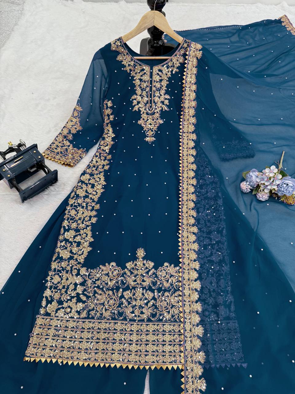 Prazu Fashion Royal Blue Georgette Sequence With Rivet Moti Palazzo Suit | Grocsy