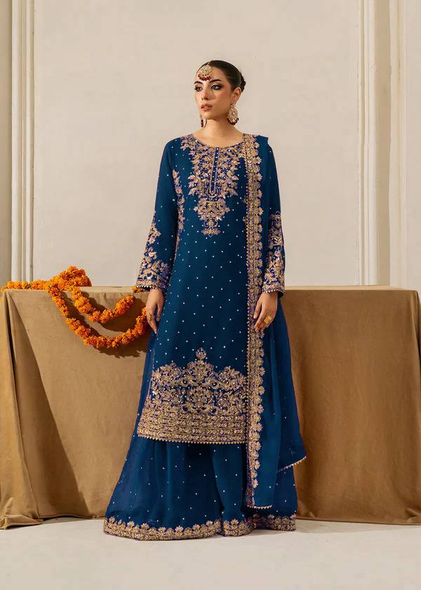 Prazu Fashion Royal Blue Georgette Sequence With Rivet Moti Palazzo Suit | Grocsy