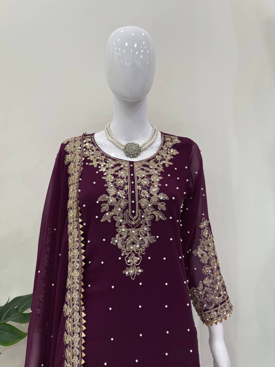 Prazu Fashion Wine Georgette Sequence With Rivet Moti Palazzo Suit | Grocsy