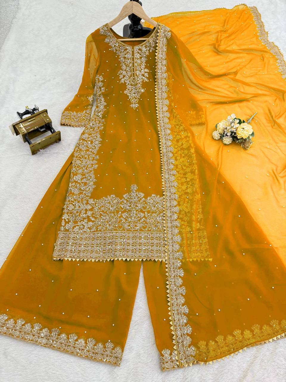 Prazu Fashion Yellow Georgette Sequence With Rivet Moti Palazzo Suit | Grocsy