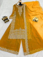 Prazu Fashion Yellow Georgette Sequence With Rivet Moti Palazzo Suit | Grocsy