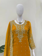 Prazu Fashion Yellow Georgette Sequence With Rivet Moti Palazzo Suit | Grocsy