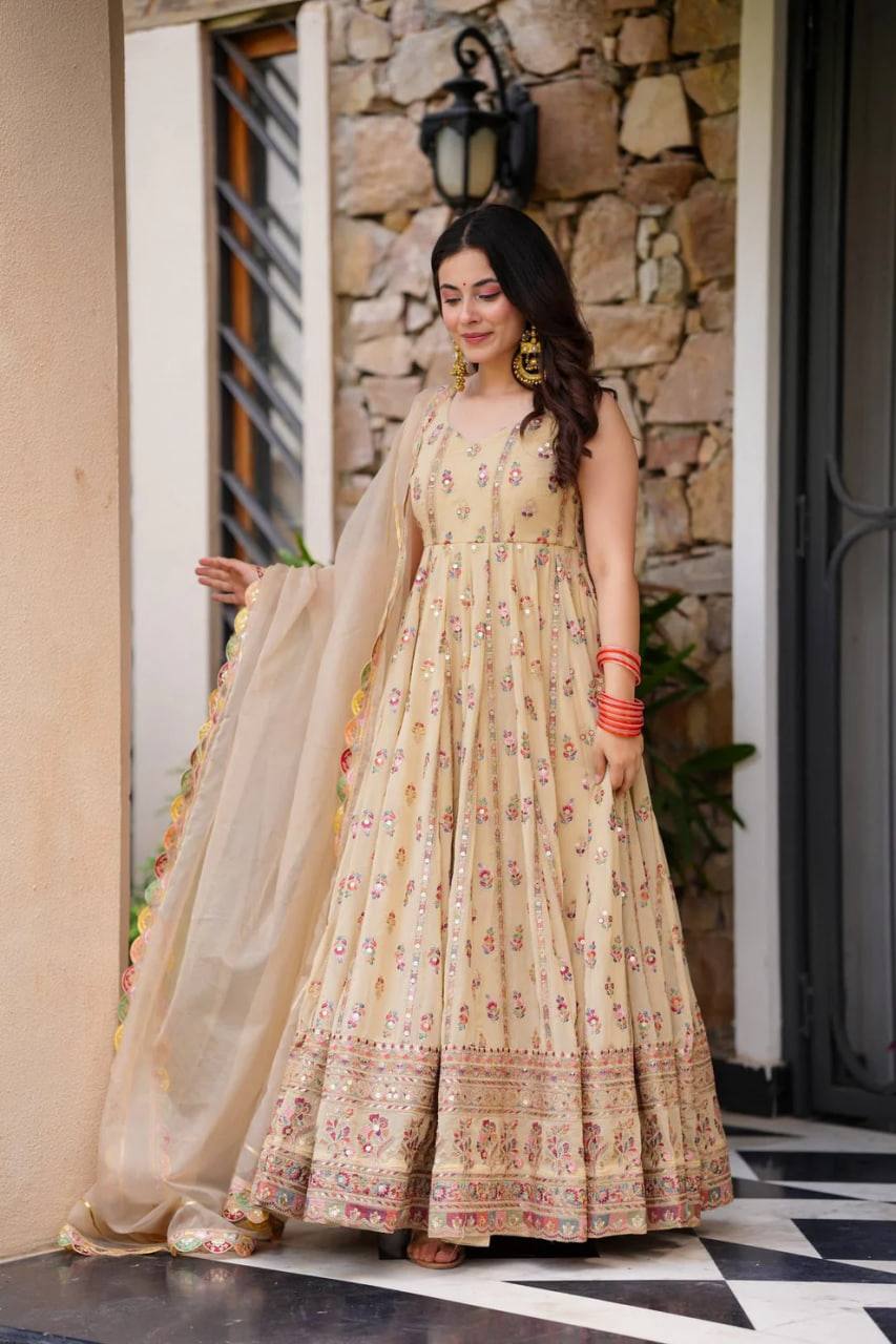 Prazu Fashion Cream Georgette Thread Sequin Anarkali Suit | Grocsy