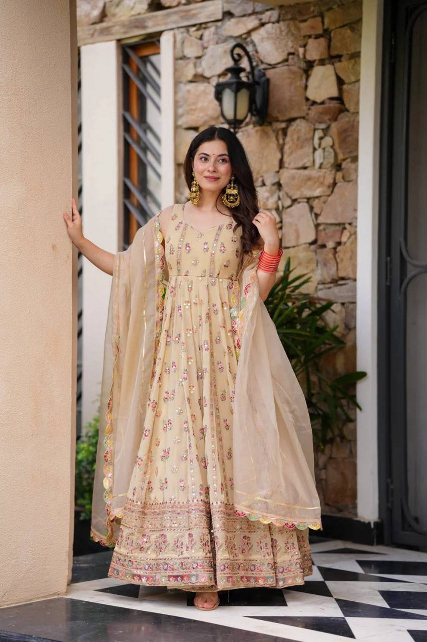 Prazu Fashion Cream Georgette Thread Sequin Anarkali Suit | Grocsy