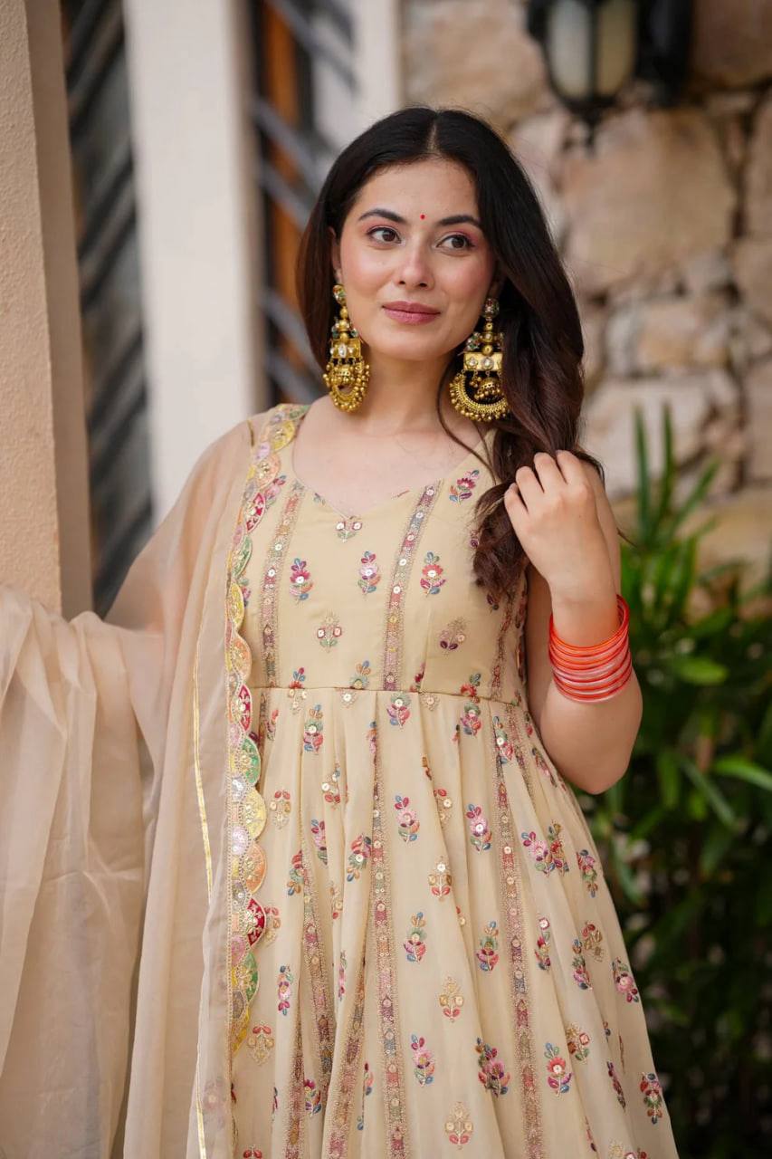 Prazu Fashion Cream Georgette Thread Sequin Anarkali Suit | Grocsy