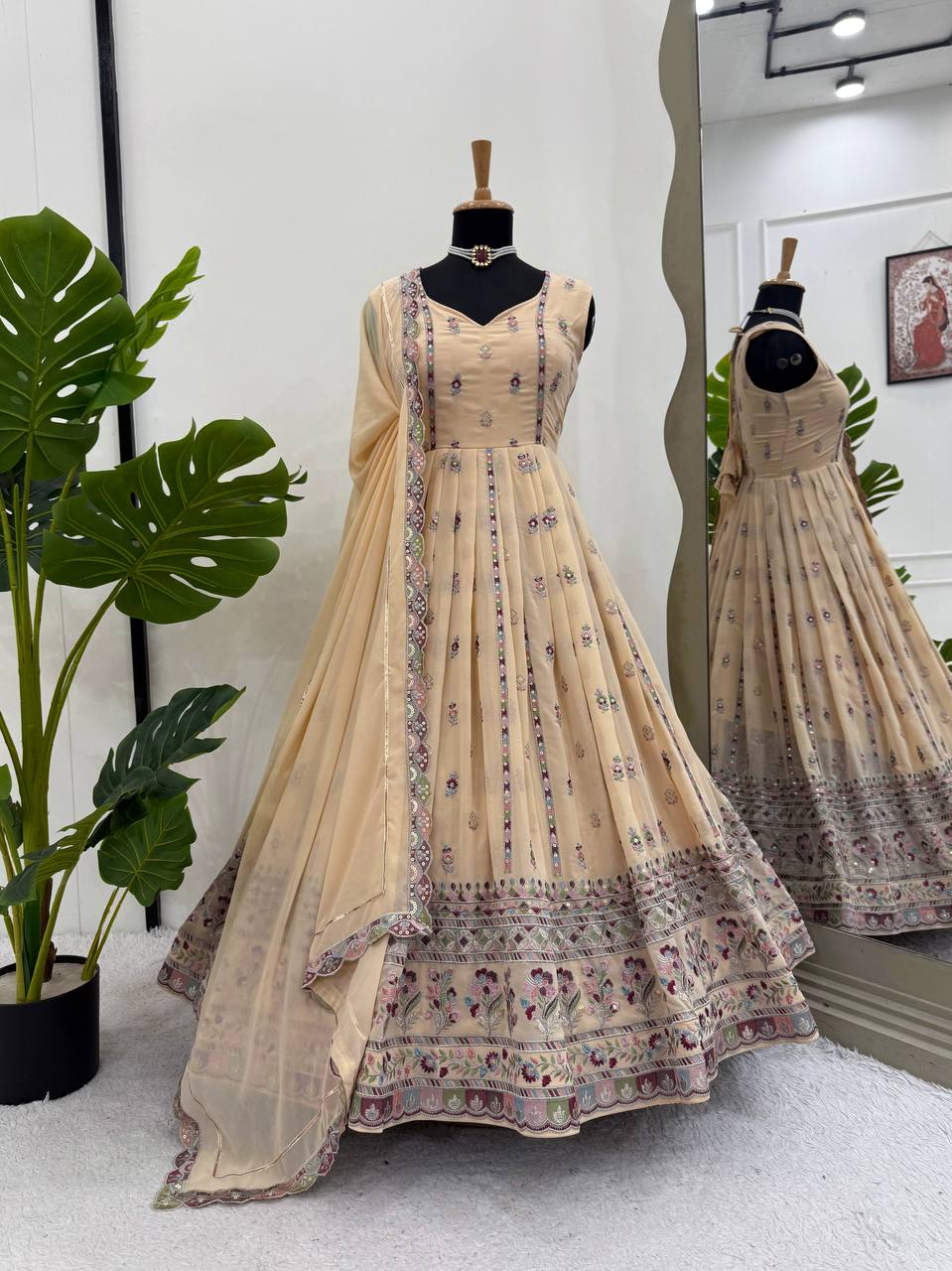 Prazu Fashion Cream Georgette Thread Sequin Anarkali Suit | Grocsy