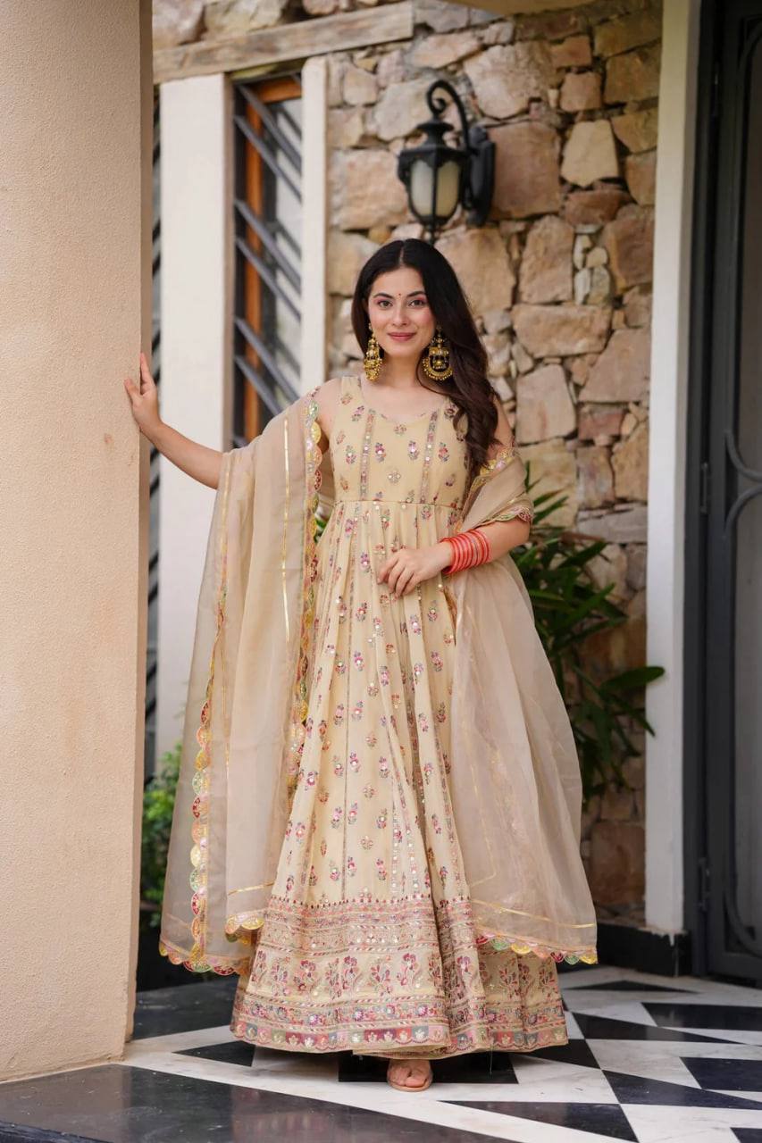 Prazu Fashion Cream Georgette Thread Sequin Anarkali Suit | Grocsy