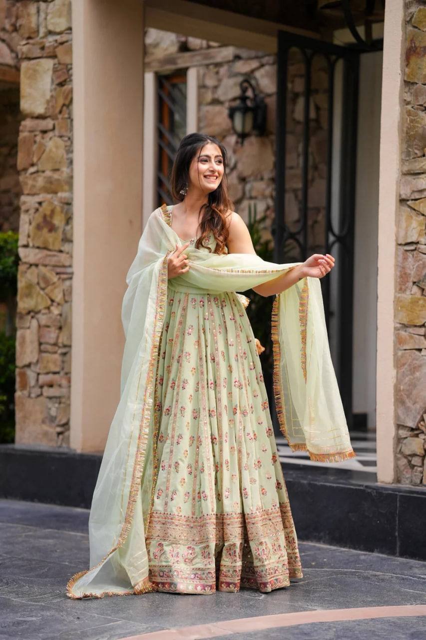 Prazu Fashion Light Lime Green Georgette Thread Sequin Anarkali Suit | Grocsy