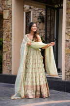 Prazu Fashion Light Lime Green Georgette Thread Sequin Anarkali Suit | Grocsy