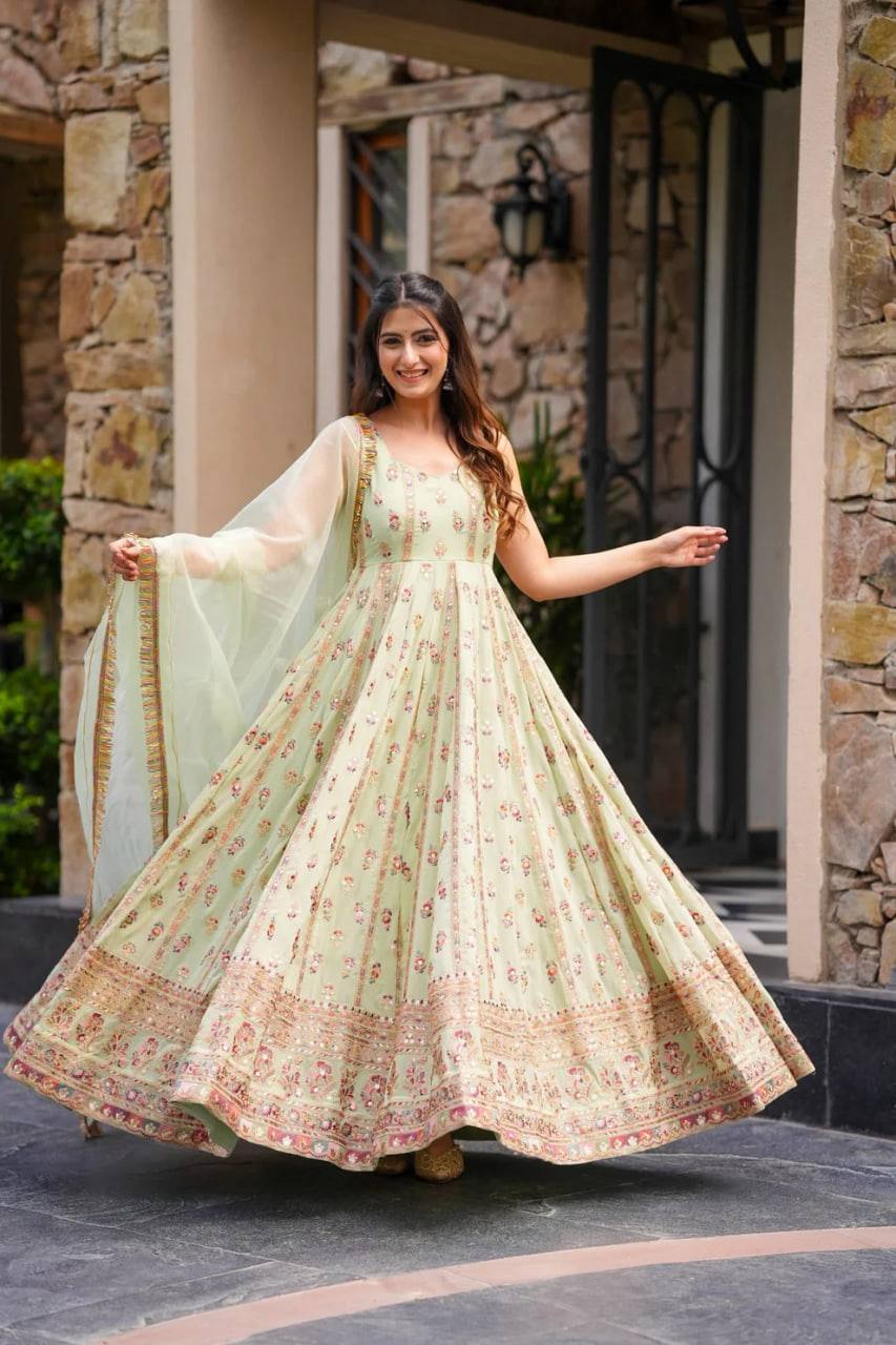 Prazu Fashion Light Lime Green Georgette Thread Sequin Anarkali Suit | Grocsy