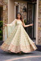 Prazu Fashion Light Lime Green Georgette Thread Sequin Anarkali Suit | Grocsy