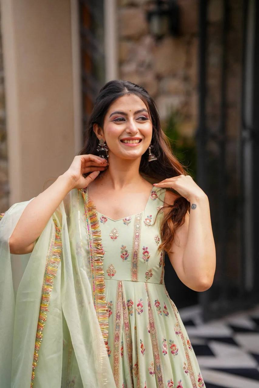 Prazu Fashion Light Lime Green Georgette Thread Sequin Anarkali Suit | Grocsy