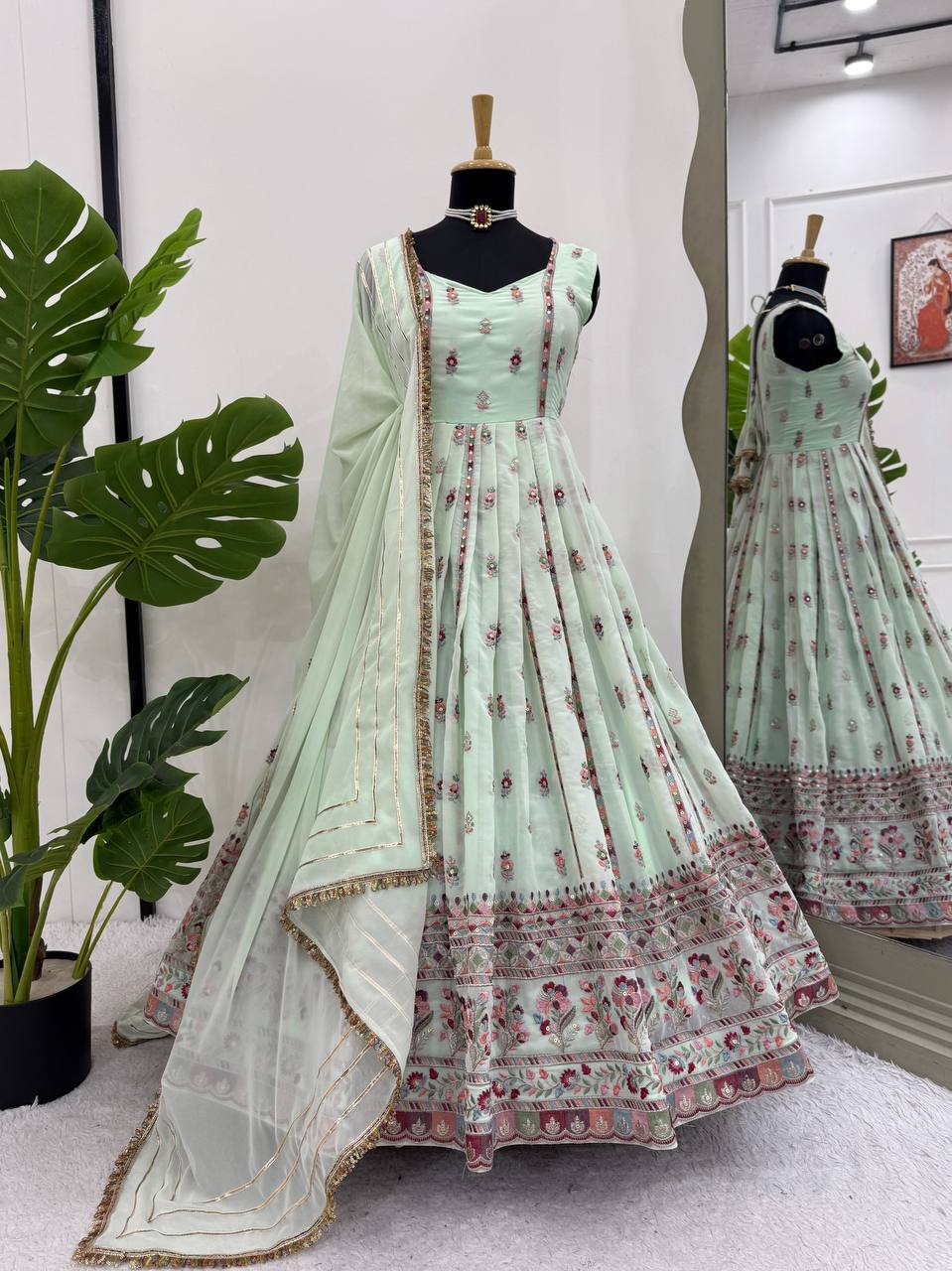 Prazu Fashion Light Lime Green Georgette Thread Sequin Anarkali Suit | Grocsy