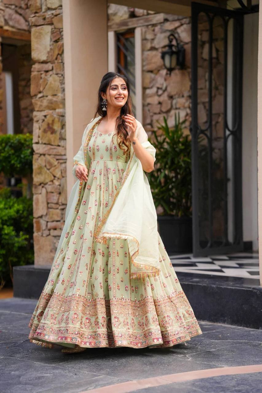 Prazu Fashion Light Lime Green Georgette Thread Sequin Anarkali Suit | Grocsy