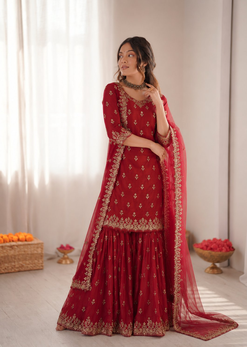 Prazu Fashion Maroon Chinon Silk Thread With Sequence Designer Sharara Suit | Grocsy