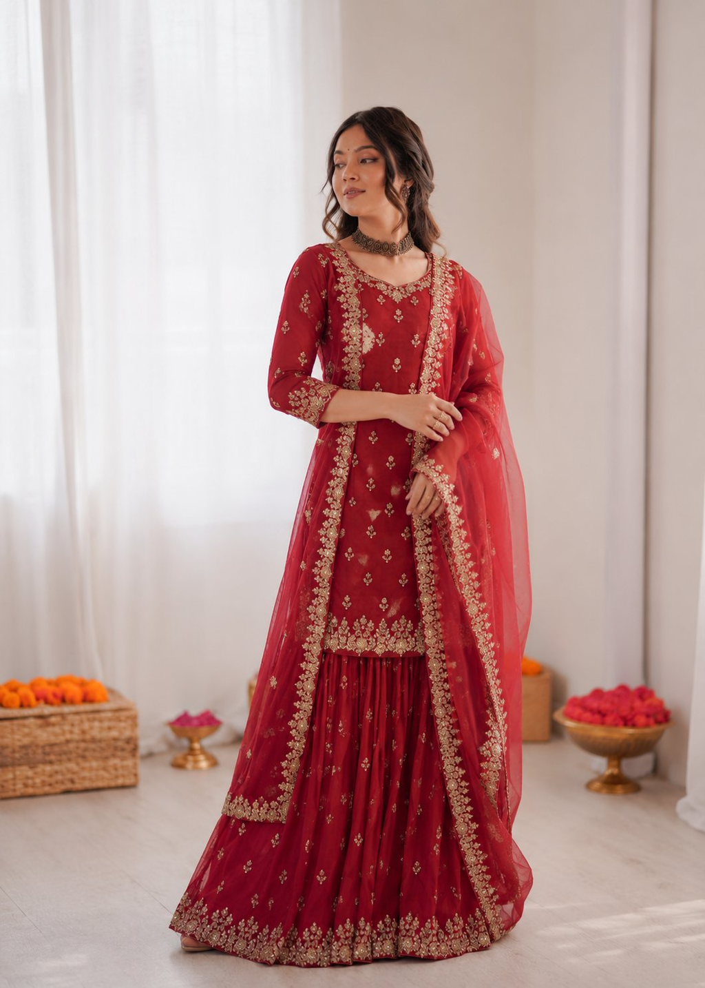 Prazu Fashion Maroon Chinon Silk Thread With Sequence Designer Sharara Suit | Grocsy