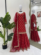 Prazu Fashion Maroon Chinon Silk Thread With Sequence Designer Sharara Suit | Grocsy