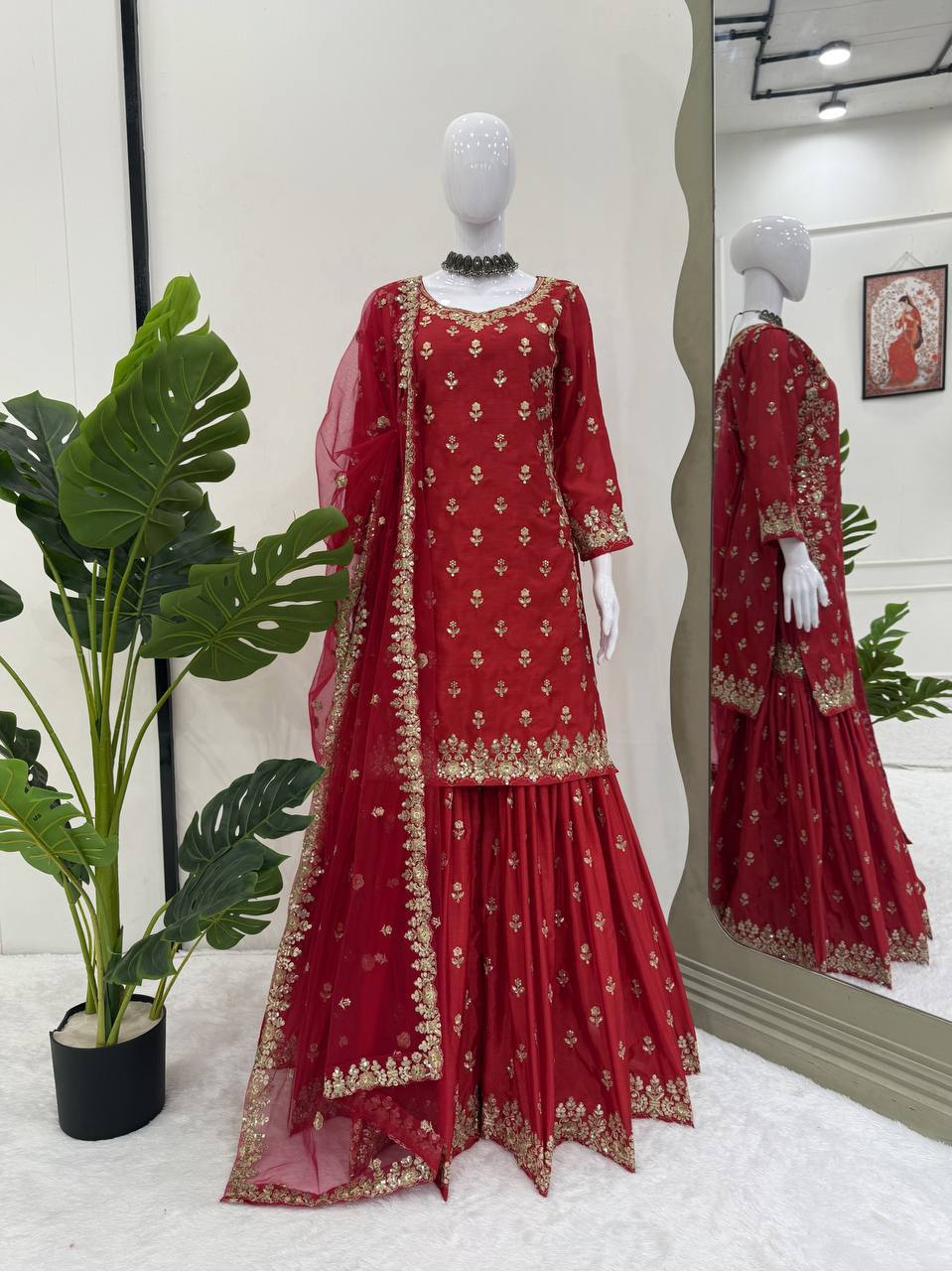 Prazu Fashion Maroon Chinon Silk Thread With Sequence Designer Sharara Suit | Grocsy