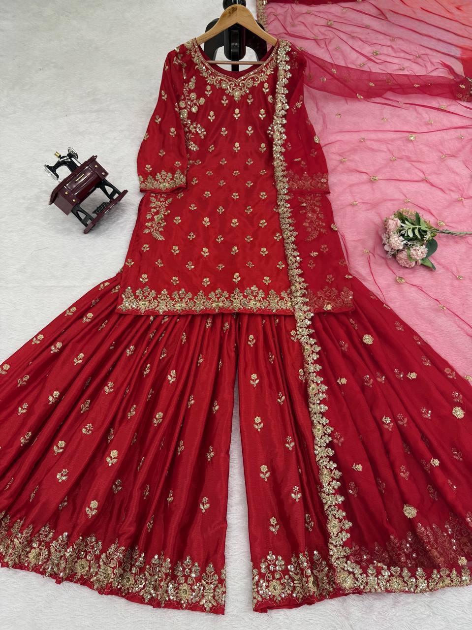 Prazu Fashion Maroon Chinon Silk Thread With Sequence Designer Sharara Suit | Grocsy
