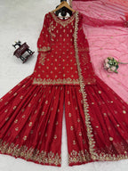 Prazu Fashion Maroon Chinon Silk Thread With Sequence Designer Sharara Suit | Grocsy