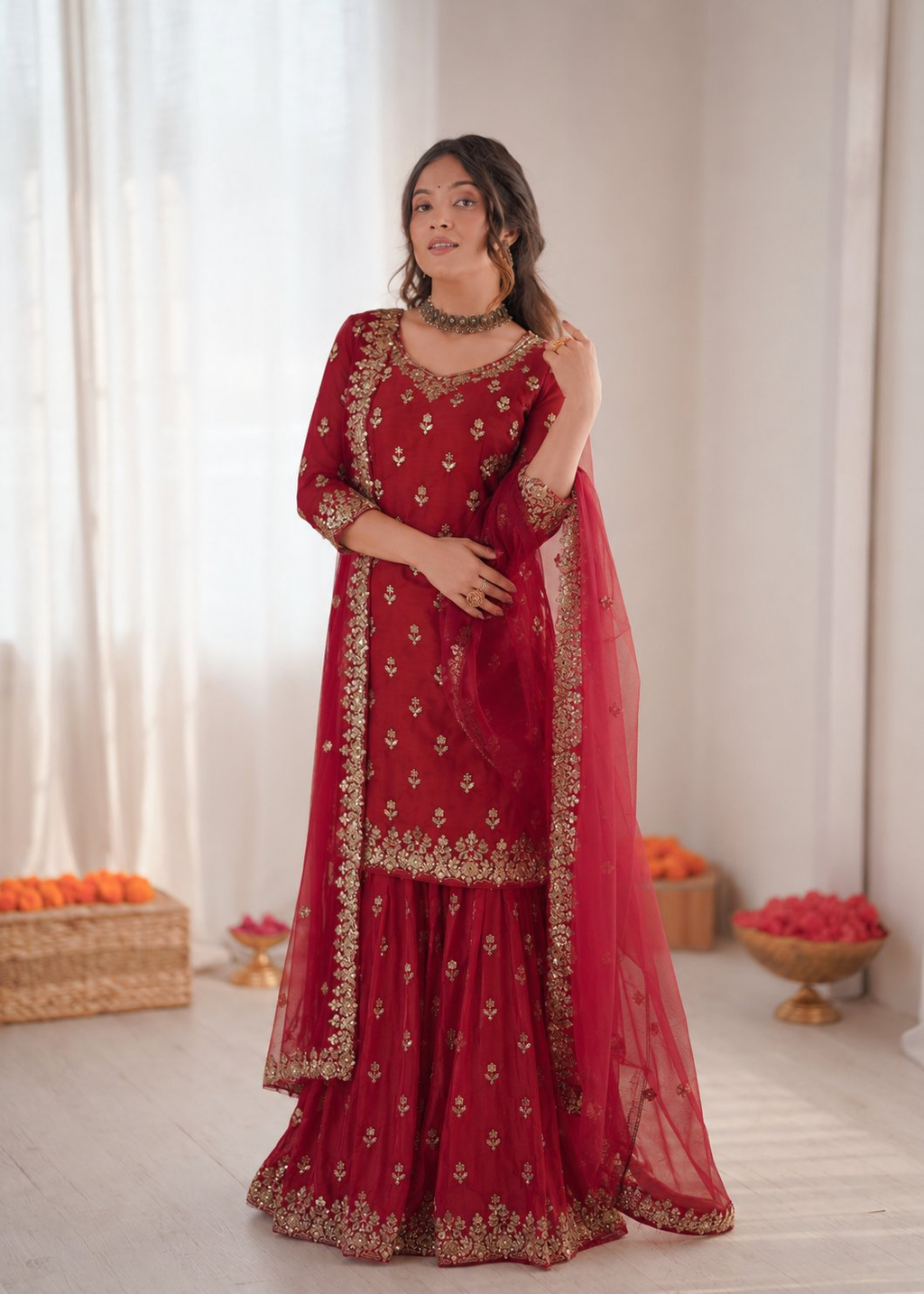 Prazu Fashion Maroon Chinon Silk Thread With Sequence Designer Sharara Suit | Grocsy