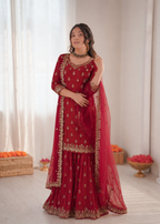 Prazu Fashion Maroon Chinon Silk Thread With Sequence Designer Sharara Suit | Grocsy