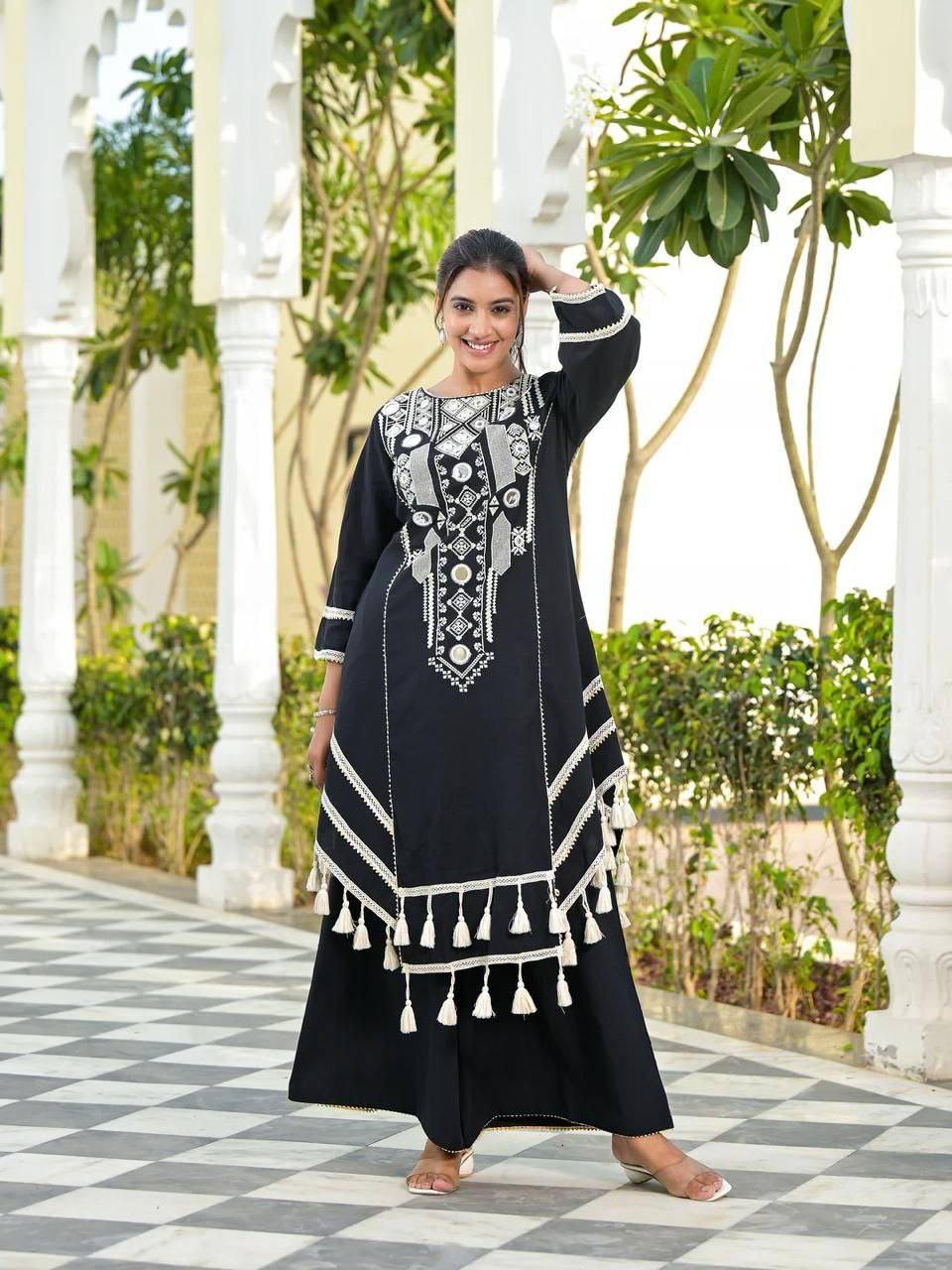 Prazu Fashion Black Rayon Cotton Thread Real Mirror Palazzo Suit | Grocsy