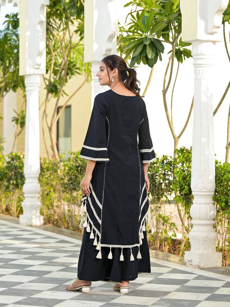 Prazu Fashion Black Rayon Cotton Thread Real Mirror Palazzo Suit | Grocsy