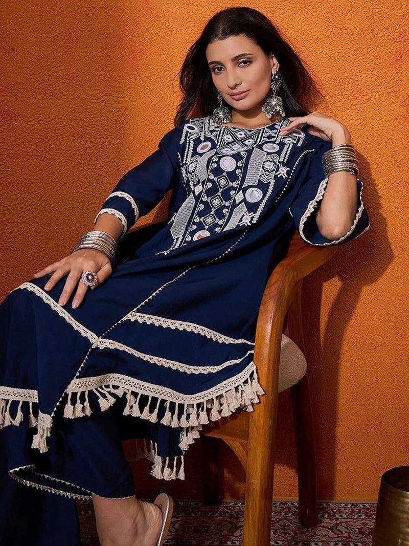 Prazu Fashion Blue Rayon Cotton Thread Real Mirror Palazzo Suit | Grocsy