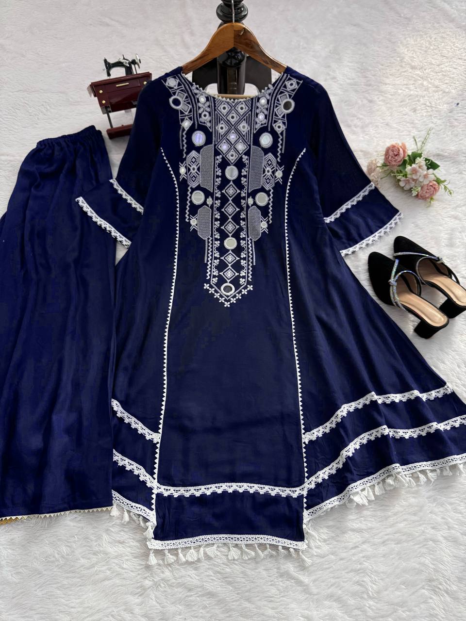 Prazu Fashion Blue Rayon Cotton Thread Real Mirror Palazzo Suit | Grocsy