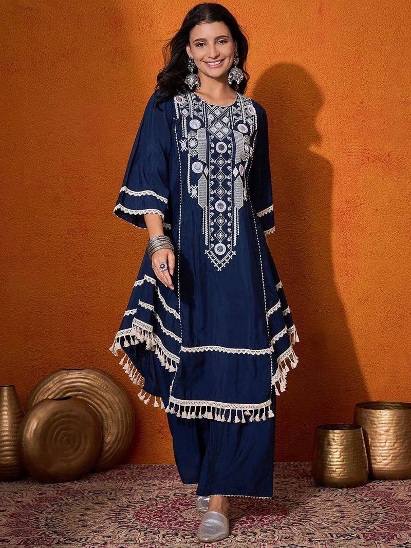 Prazu Fashion Blue Rayon Cotton Thread Real Mirror Palazzo Suit | Grocsy