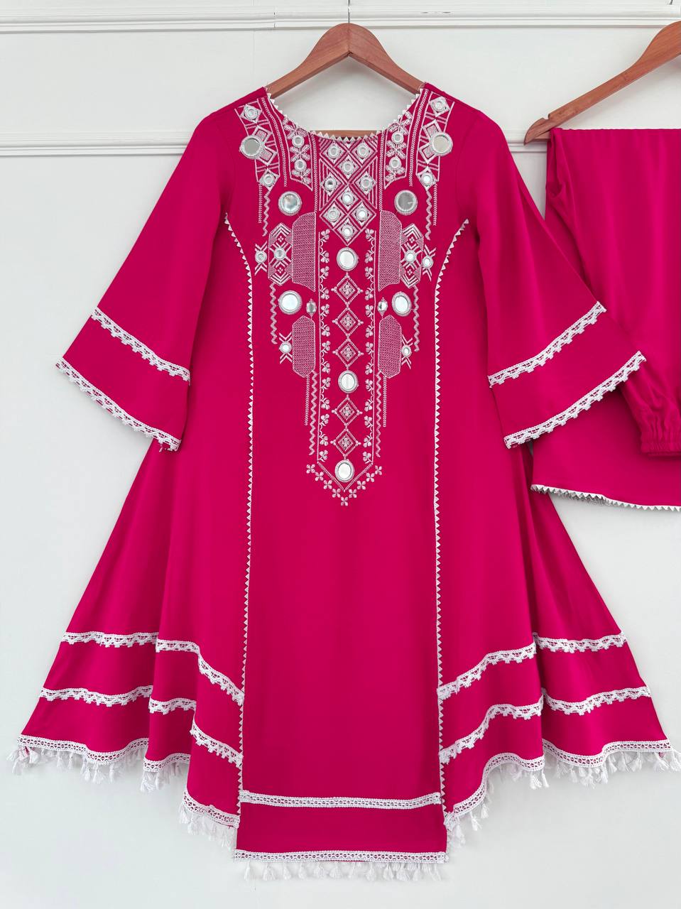 Prazu Fashion Pink Rayon Cotton Thread Real Mirror Palazzo Suit | Grocsy