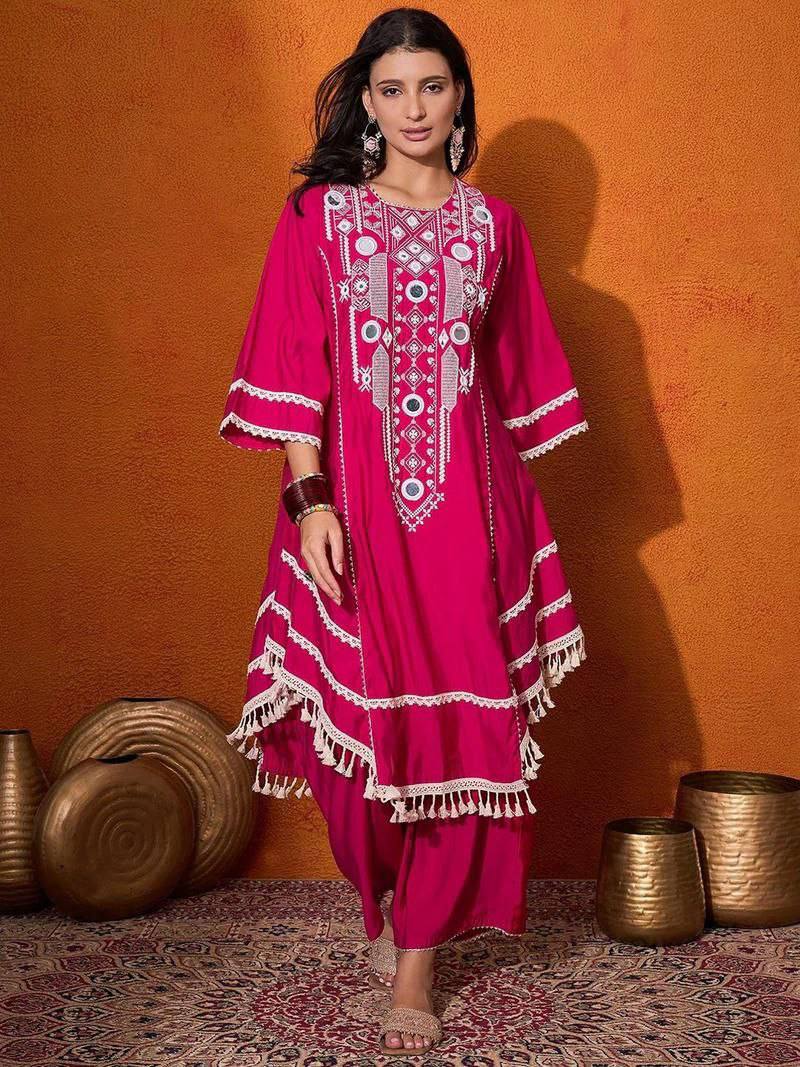 Prazu Fashion Pink Rayon Cotton Thread Real Mirror Palazzo Suit | Grocsy
