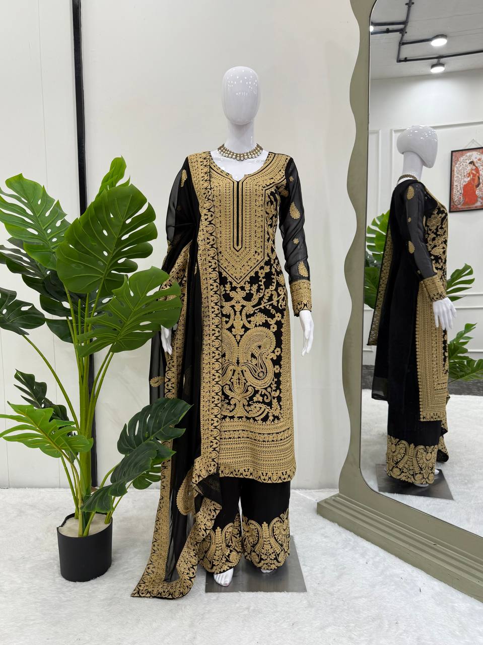 Prazu Fashion Black Georgette Chinestich Designer Palazzo Suit | Grocsy