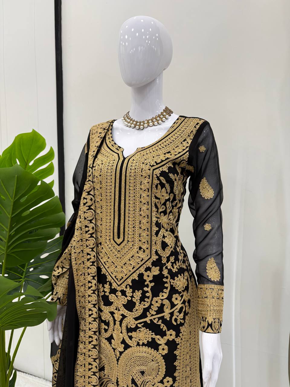 Prazu Fashion Black Georgette Chinestich Designer Palazzo Suit | Grocsy