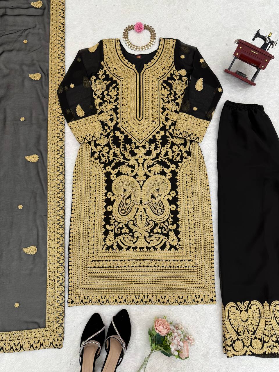 Prazu Fashion Black Georgette Chinestich Designer Palazzo Suit | Grocsy