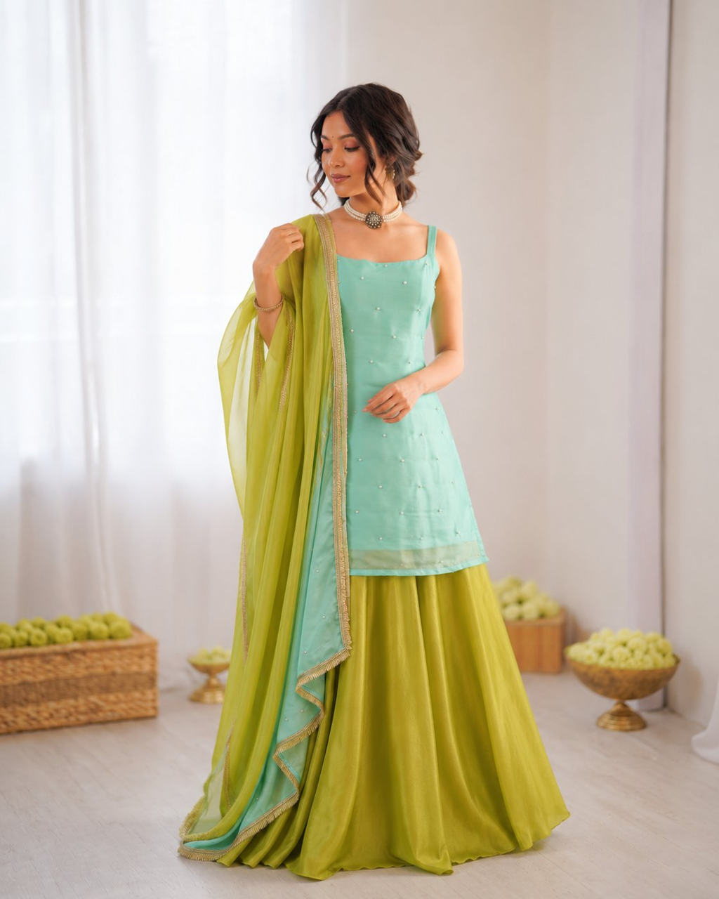 Prazu Fashion Mint Green Chinon Silk Thread With Sequence Designer Palazzo Suit | Grocsy