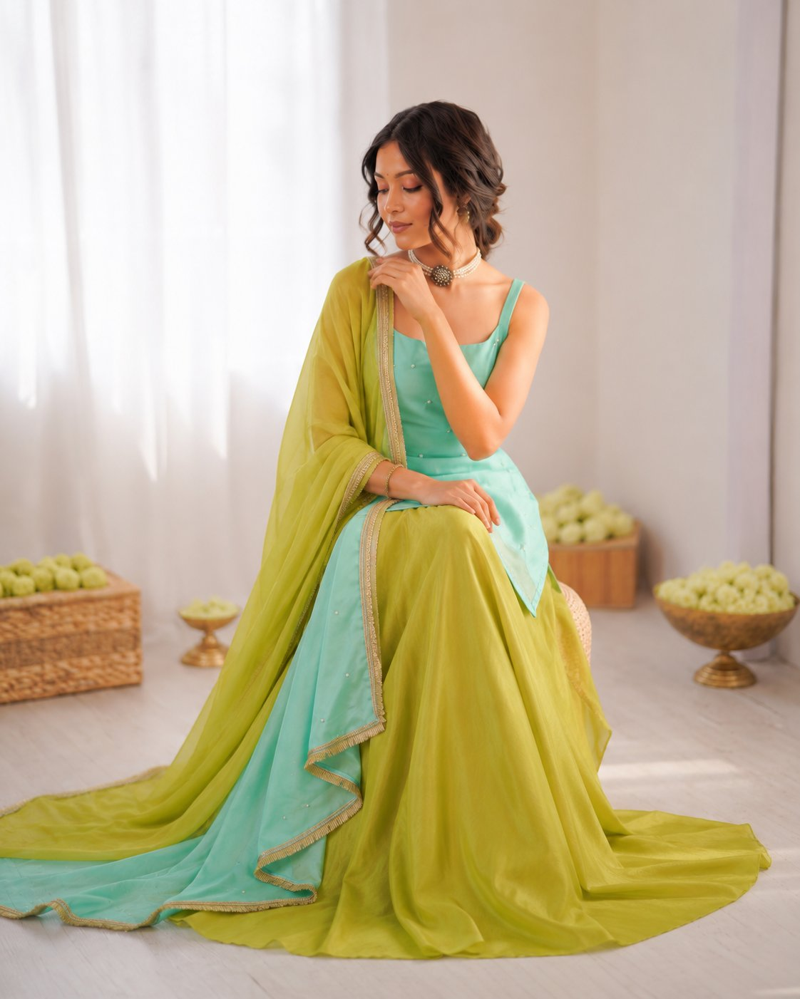 Prazu Fashion Mint Green Chinon Silk Thread With Sequence Designer Palazzo Suit | Grocsy