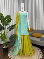 Prazu Fashion Mint Green Chinon Silk Thread With Sequence Designer Palazzo Suit | Grocsy