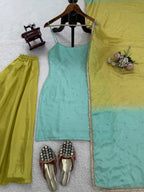 Prazu Fashion Mint Green Chinon Silk Thread With Sequence Designer Palazzo Suit | Grocsy
