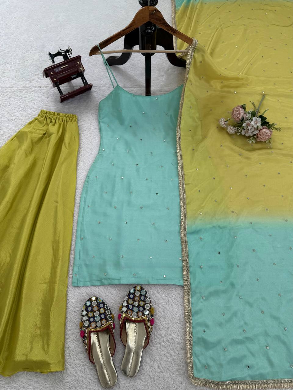 Prazu Fashion Mint Green Chinon Silk Thread With Sequence Designer Palazzo Suit | Grocsy