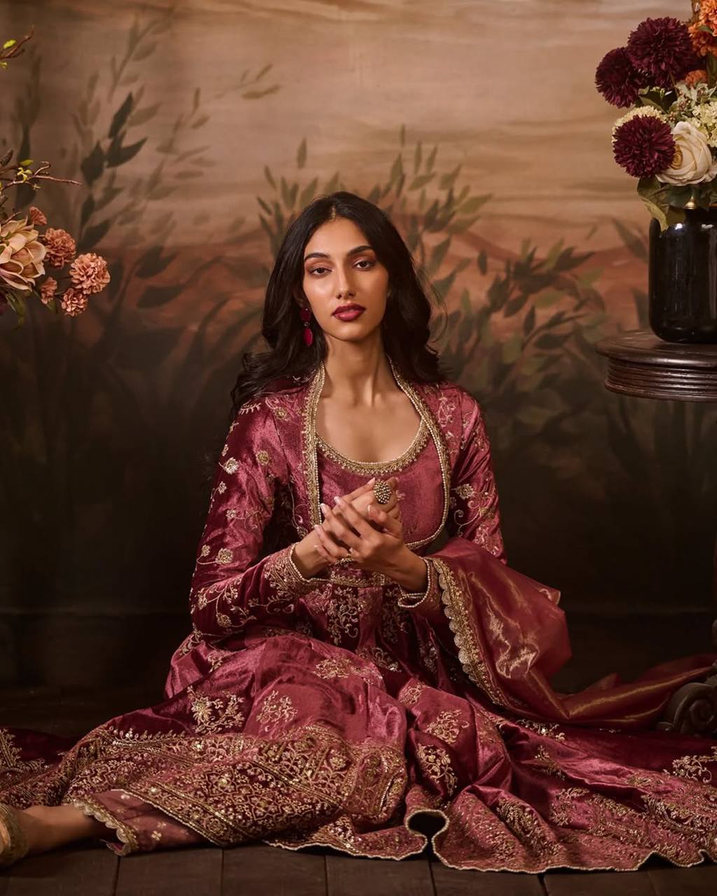 Prazu Fashion Wine Japan Satin Thread Sequin Anarkali Suit | Grocsy