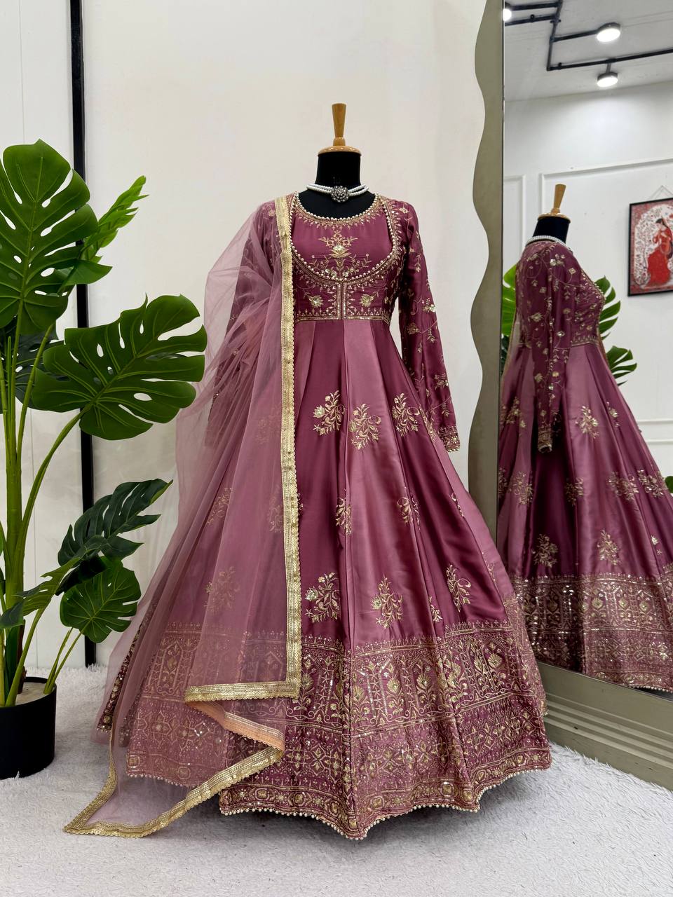 Prazu Fashion Wine Japan Satin Thread Sequin Anarkali Suit | Grocsy