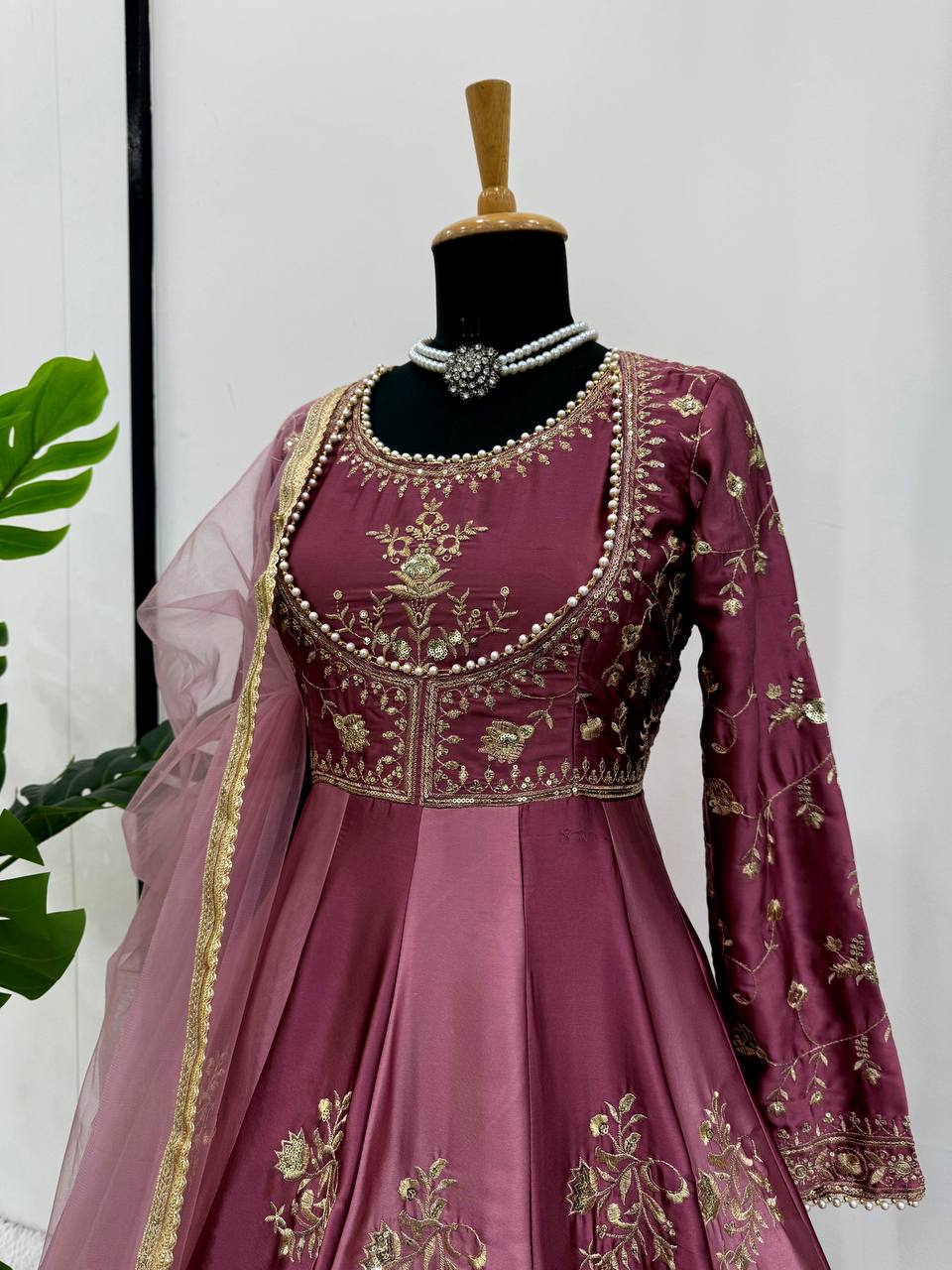 Prazu Fashion Wine Japan Satin Thread Sequin Anarkali Suit | Grocsy
