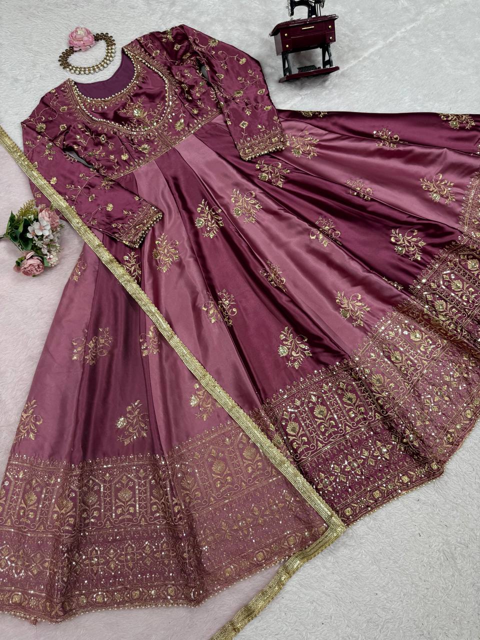 Prazu Fashion Wine Japan Satin Thread Sequin Anarkali Suit | Grocsy