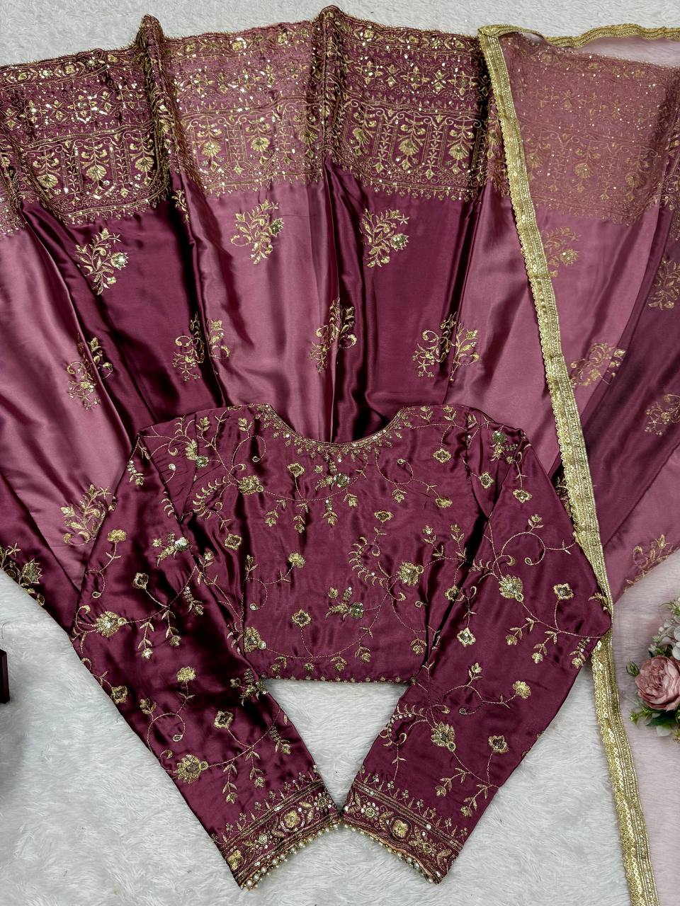Prazu Fashion Wine Japan Satin Thread Sequin Anarkali Suit | Grocsy