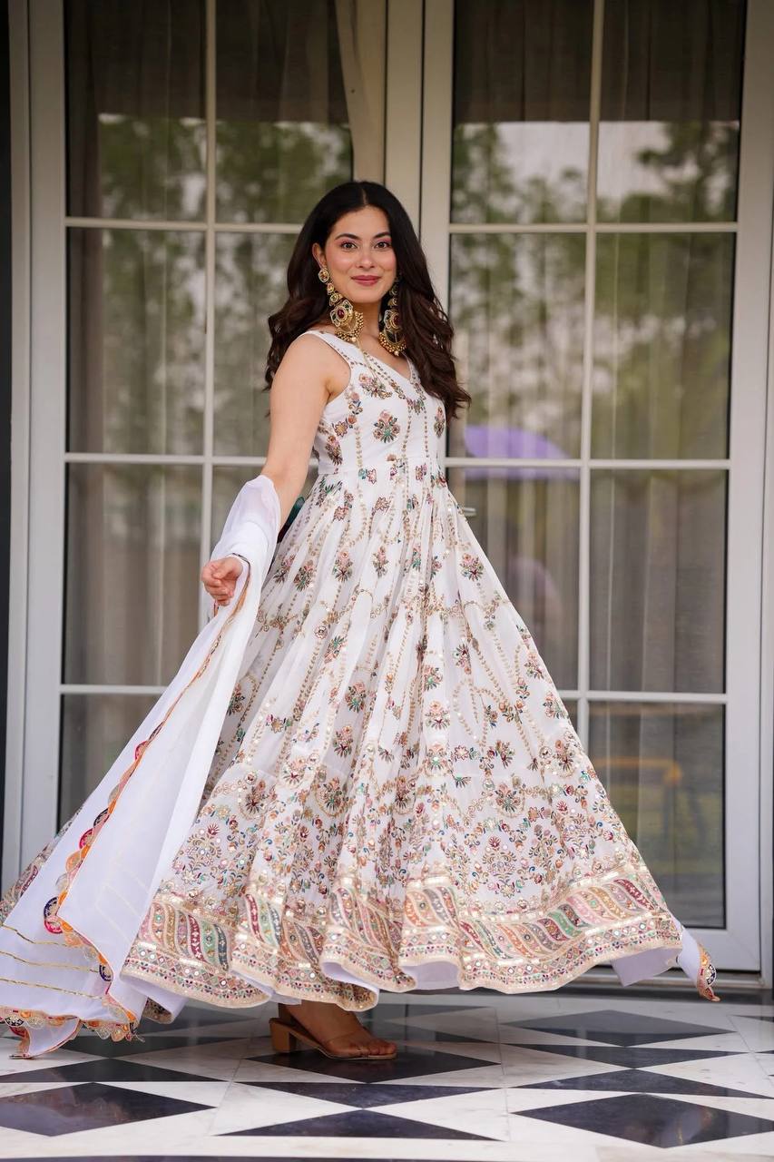 Prazu Fashion Off White Georgette Thread Sequin Anarkali Suit | Grocsy